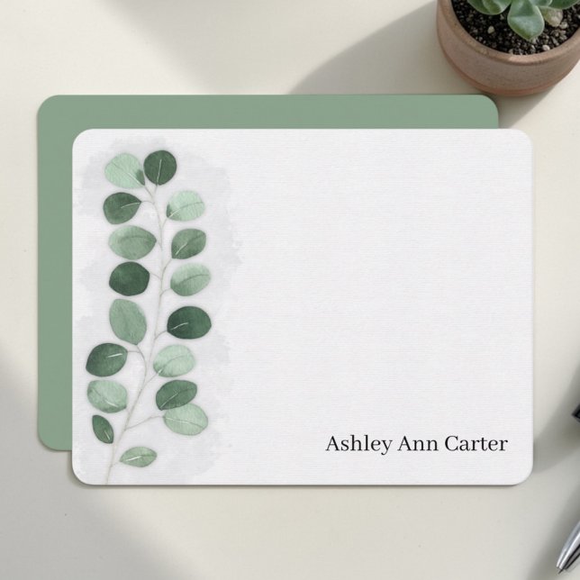 Personalized Stationery Eucalyptus Greenery Note Card (Watercolor eucalyptus sprig artwork on personalized flat note card with clean writing space.)