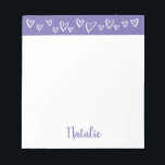 Personalized Stationery for girls custom hearts Notepad<br><div class="desc">Personalized stationery for girls with hand-drawn hearts and brush script font. In purple and white.</div>