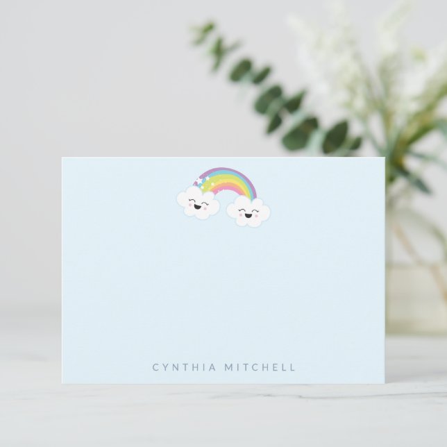 Personalized Stationery Kawaii Rainbow Light Blue Thank You Card (Standing Front)