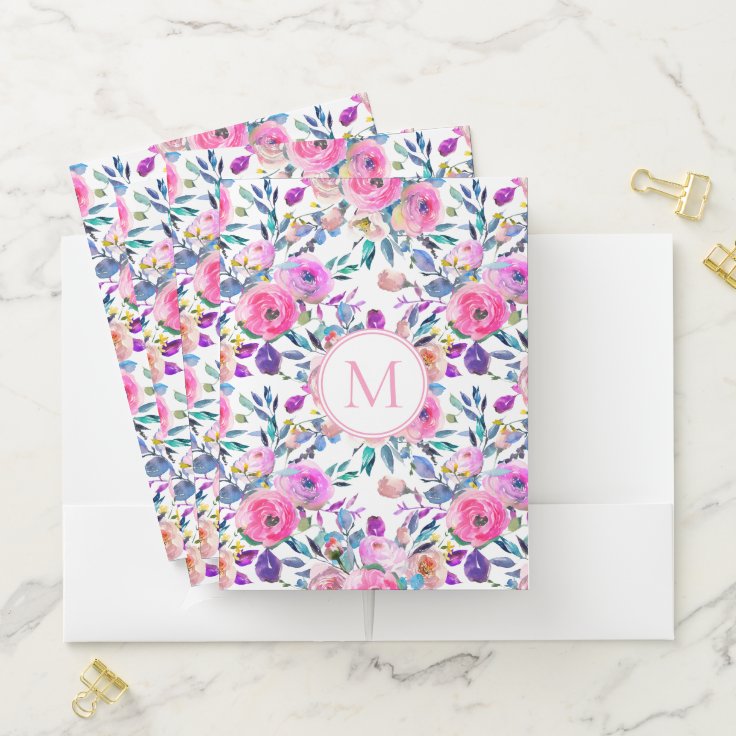 Personalized Stationery Pink Floral Monogram Pocket Folder | Zazzle