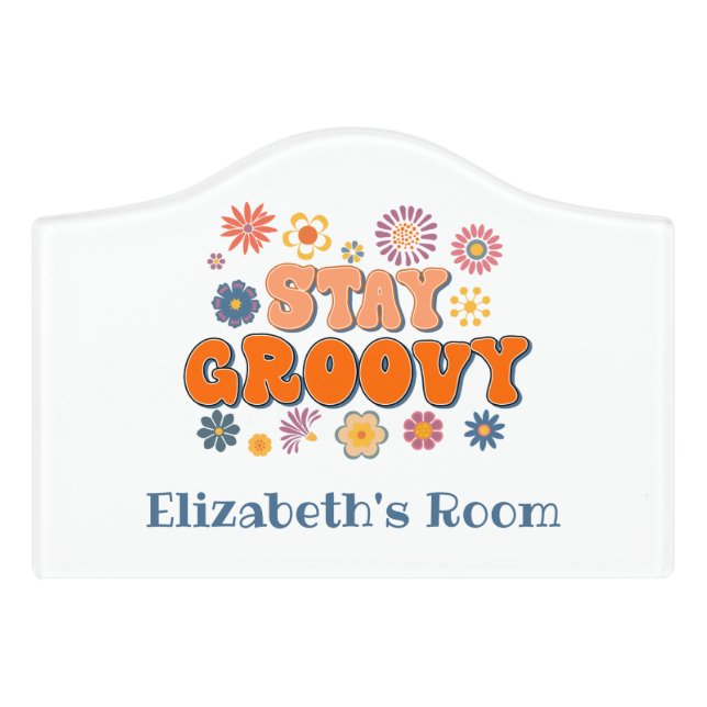 Personalized Stay Groovy Flower Power Retro Room  Door Sign (Small Crest Front)