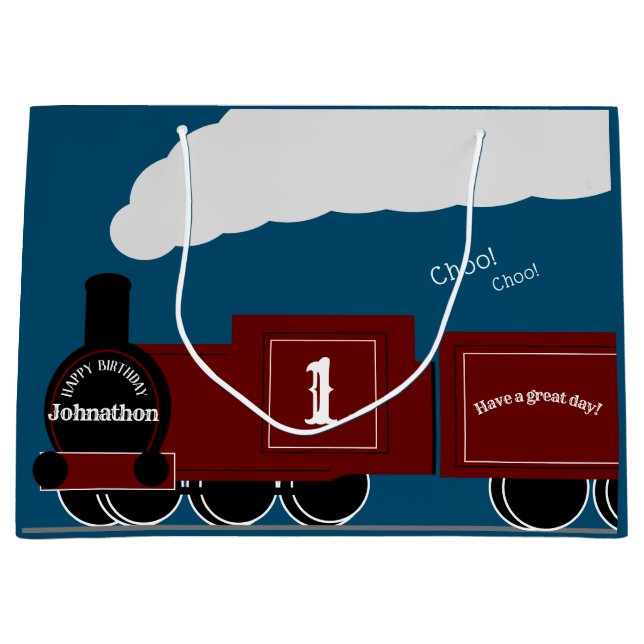 Personalized steam train birthday large gift bag (Front)