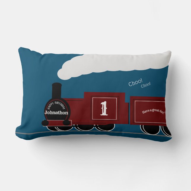 Personalized steam train birthday lumbar pillow (Front)