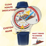 Personalized Steam Train Kids Learn to Tell Time Watch<br><div class="desc">Make learning to tell time an exciting adventure with this steam train-themed kids watch! Featuring a charming steam train design with vibrant railway-inspired details, this analog watch is perfect for young train enthusiasts. The watch includes minute indicators, with every minute marked by a line and every 5 minutes numbered, making...</div>