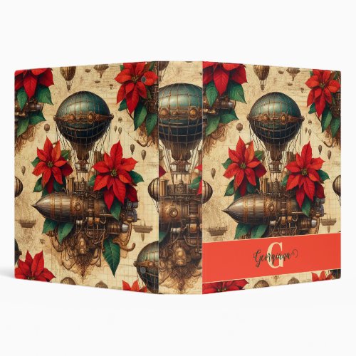 Personalized Steampunk Airship with Poinsettia 3 Ring Binder