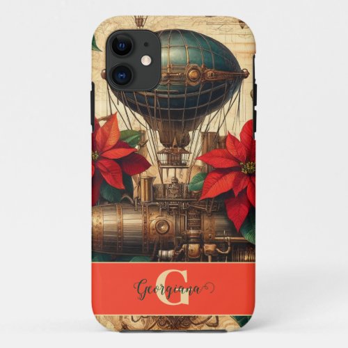 Personalized Steampunk Airship with Poinsettia iPhone 11 Case