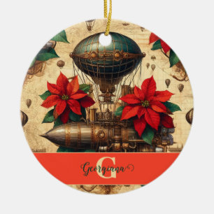 Personalized Steampunk Airship with Poinsettia Ceramic Ornament