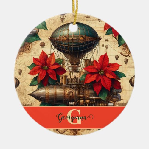 Personalized Steampunk Airship with Poinsettia Ceramic Ornament