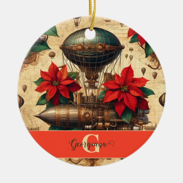 Personalized Steampunk Airship with Poinsettia Ceramic Ornament (Front)