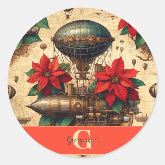 Personalized Steampunk Airship with Poinsettia Classic Round Sticker (Front)