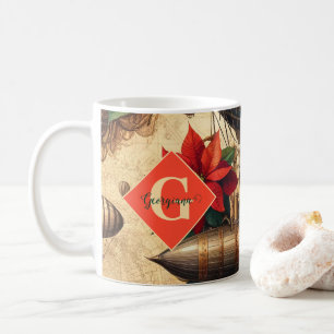 Personalized Steampunk Airship with Poinsettia Coffee Mug