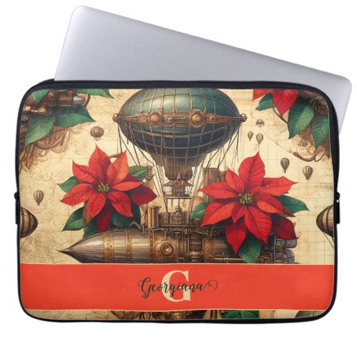 Personalized Steampunk Airship with Poinsettia Laptop Sleeve