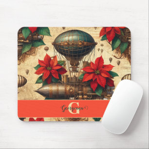 Personalized Steampunk Airship with Poinsettia Mouse Pad