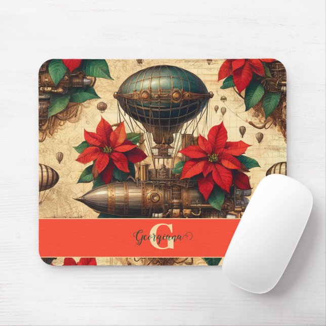 Personalized Steampunk Airship with Poinsettia Mouse Pad (With Mouse)