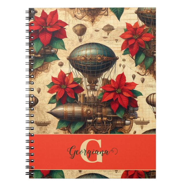 Personalized Steampunk Airship with Poinsettia Notebook (Front)