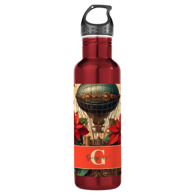 Personalized Steampunk Airship with Poinsettia Stainless Steel Water Bottle (Front)
