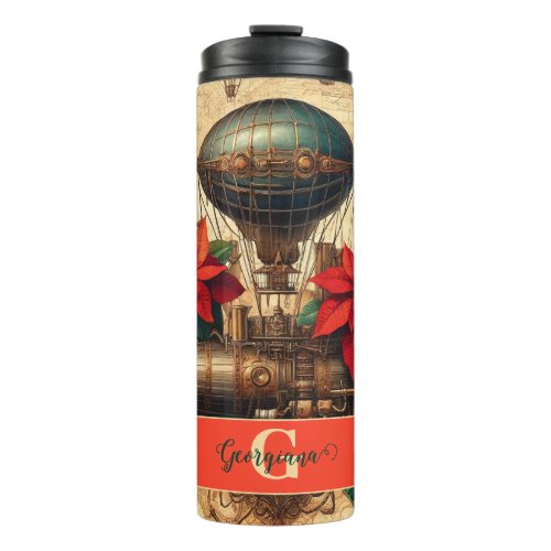 Personalized Steampunk Airship with Poinsettia Thermal Tumbler