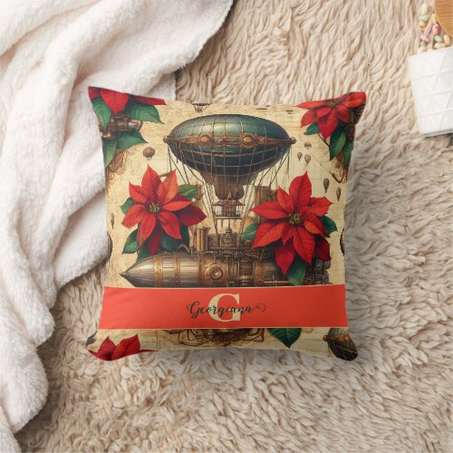 Personalized Steampunk Airship with Poinsettia Throw Pillow