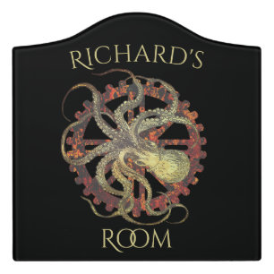 Personalized Steampunk Octopus & Rusty Clockwork Door Sign
