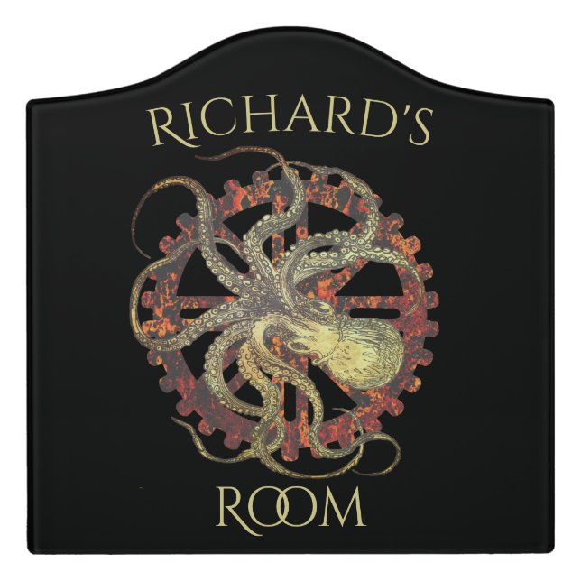 Personalized Steampunk Octopus & Rusty Clockwork  Door Sign (Large Crest Front)