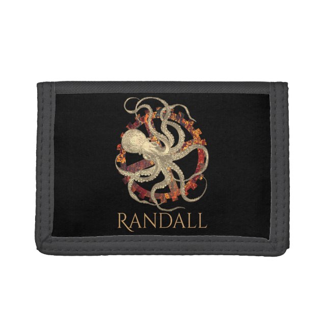 Personalized Steampunk Octopus & Rusty Clockwork Trifold Wallet (Front)