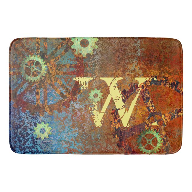 Personalized Steampunk Rusty Clockwork Gears  Bath Mat (Front)