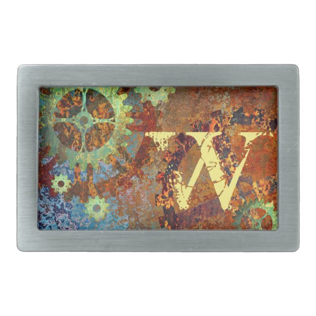Personalized Steampunk Rusty Clockwork Gears Belt Buckle (Front)