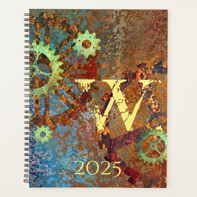 Personalized Steampunk Rusty Clockwork Gears Planner (Front)