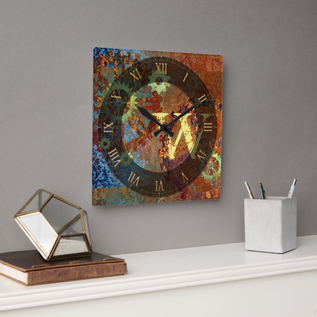Personalized Steampunk Rusty Clockwork Gears  Square Wall Clock (Office)