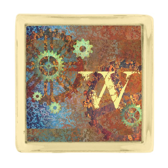 Personalized Steampunk Rusty Clockwork Gold Finish Lapel Pin (Front)