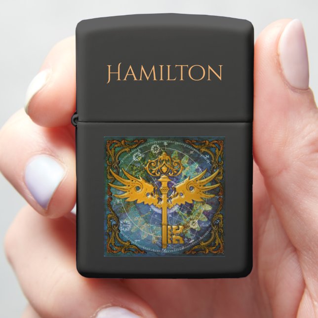Personalized Steampunk Winged Key Zippo Lighter (In Hand)