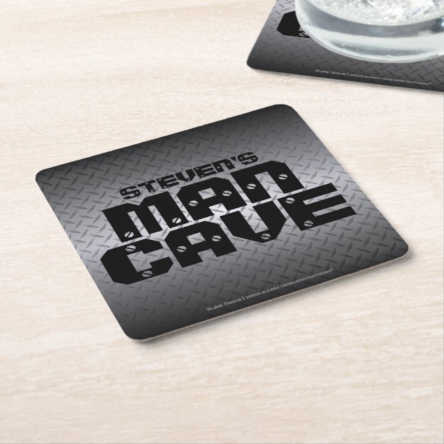 Personalized Steel Diamond Plate Man Cave Square Paper Coaster (Angled)
