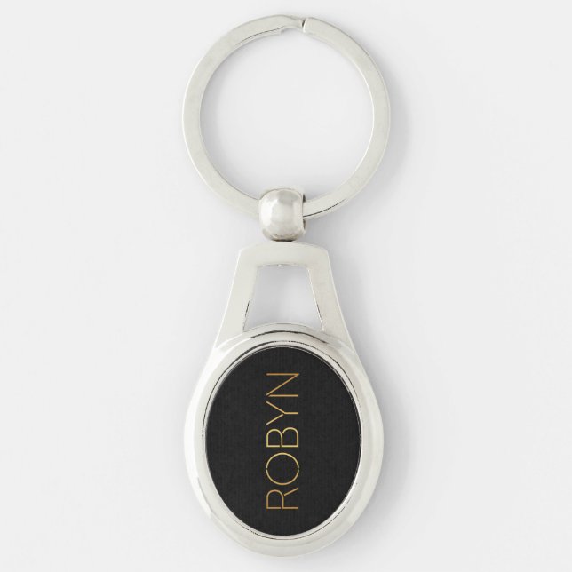 Personalized Stencil Font Robyn Gold Black Keychain (Front)