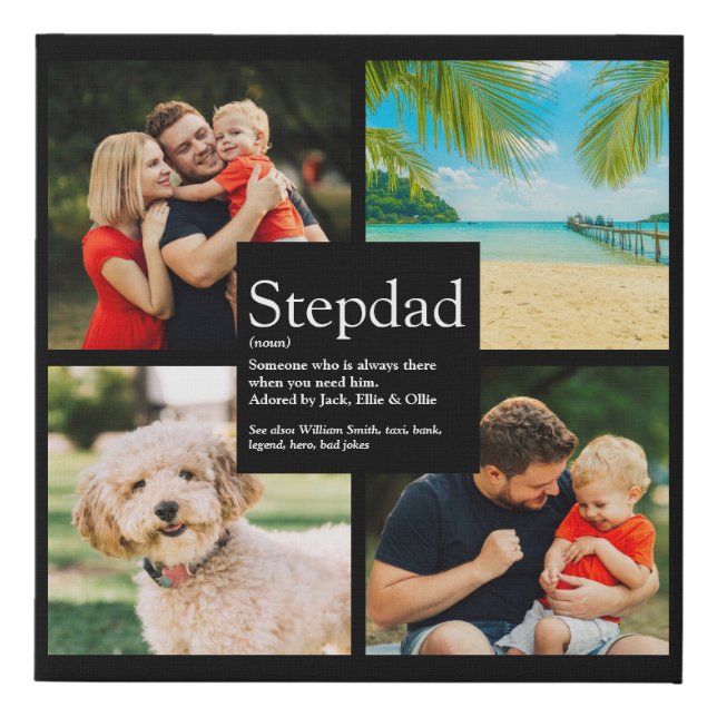 Personalized Stepdad Name Definition 4 Photo Black Faux Canvas Print (Front)