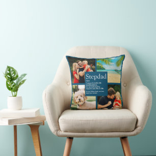 Personalized Stepdad Name Definition 4 Photo Blue Throw Pillow