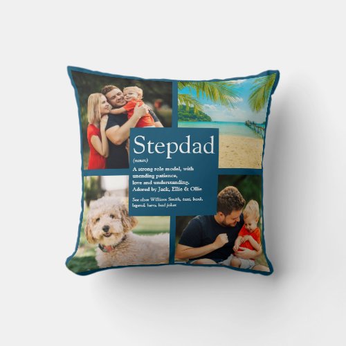 Personalized Stepdad Name Definition 4 Photo Blue Throw Pillow