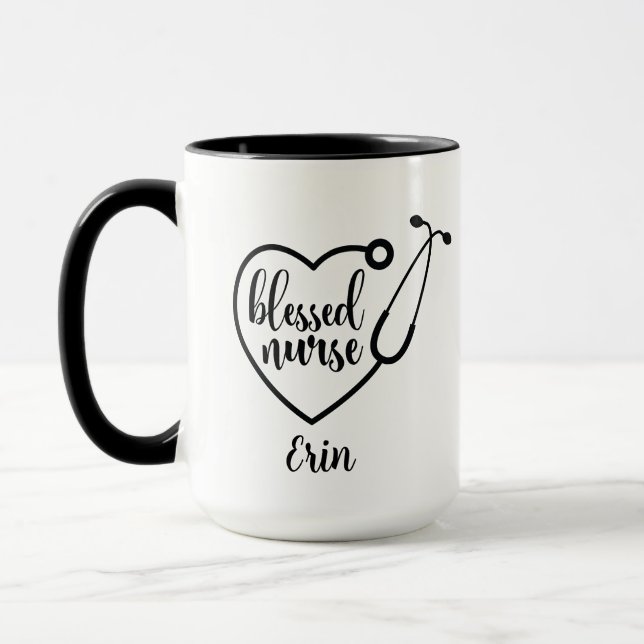 Personalized Stethoscope Blessed Nurse Black White Mug (Left)