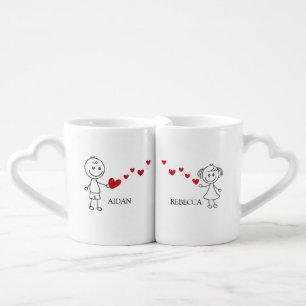 Personalized Stick Figure Couple "Love Connects  Coffee Mug Set