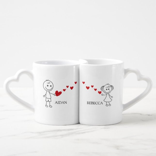 Personalized Stick Figure Couple "Love Connects  Coffee Mug Set (Front Nesting)