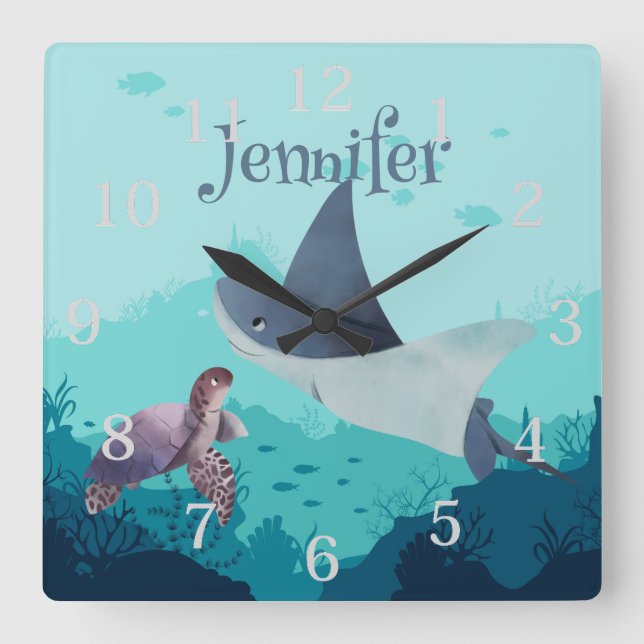 Personalized Stingray and Turtle Under the Sea Square Wall Clock (Front)