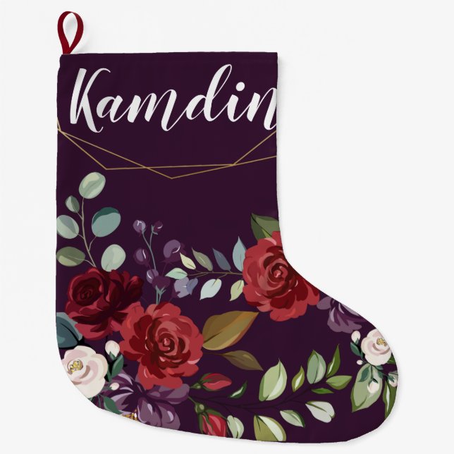 Personalized Stocking Plum Purple Roses Gold Geome (Front)