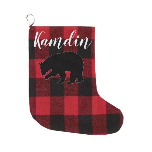 Personalized Stocking Red Buffalo Plaid Bear Black