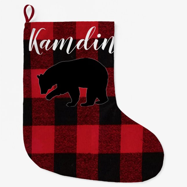 Personalized Stocking Red Buffalo Plaid Bear Black (Front)