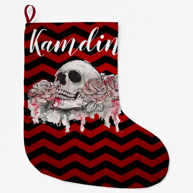 Personalized Stocking skull Rose goth Chevron red (Front)