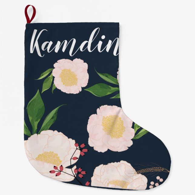 Personalized Stocking White Floral Flowers on Dark (Front)