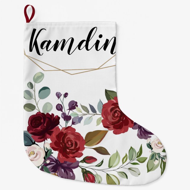 Personalized Stocking White Roses Gold Geometric (Front)