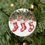 Personalized Stockings Family of 3 Christmas Ceramic Ornament<br><div class="desc">Perfect for growing families! This charming ornament features three customizable Christmas stockings,  ideal for families with one child,  three siblings,  or any special trio. Each stocking can be personalized with individual names,  creating a beautiful family keepsake that celebrates your unique holiday traditions.</div>