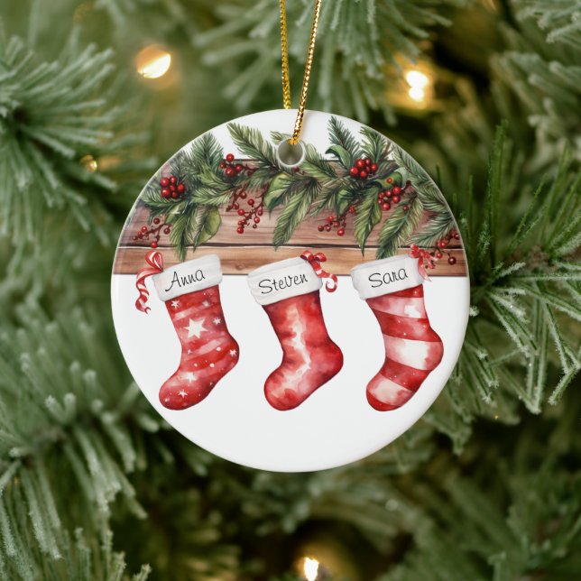 Personalized Stockings Family of 3 Christmas Ceramic Ornament (Tree)