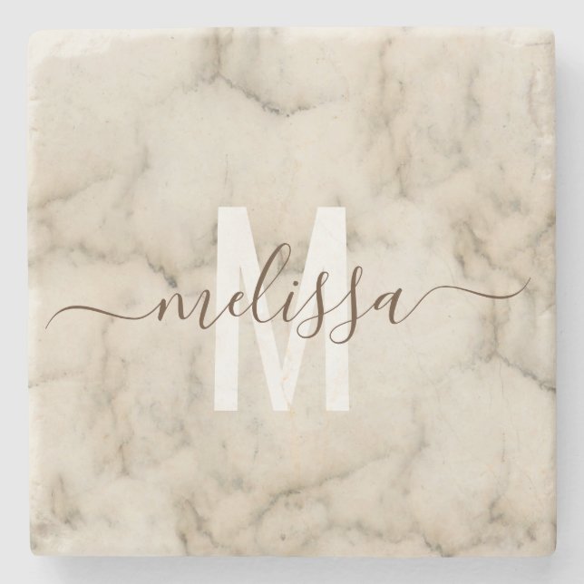 Personalized Stone Monogram Marble Handwritten Stone Coaster (Front)