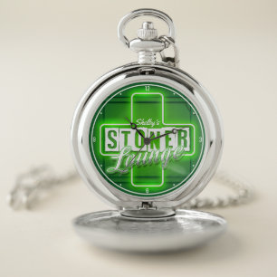 Personalized Stoner Lounge NAME Faux Neon Bar Pocket Watch